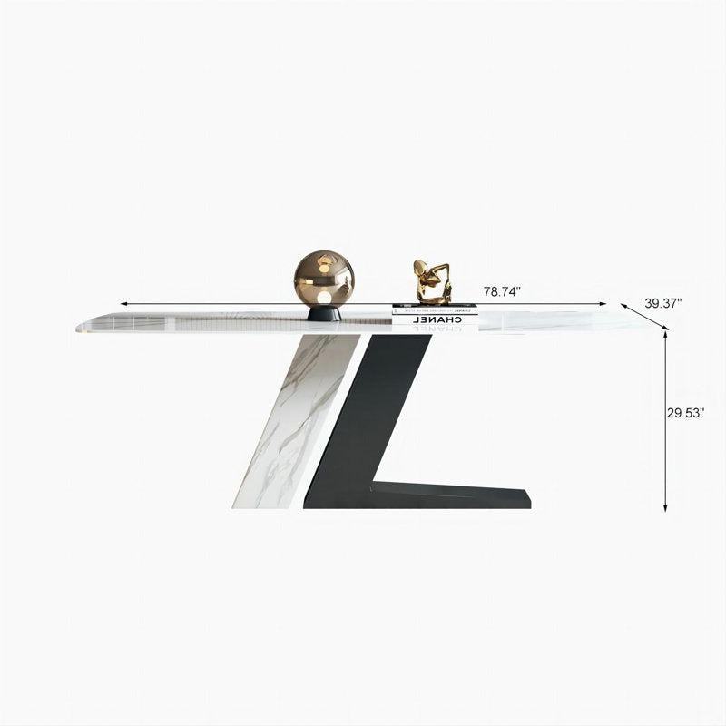 Modern dining table with abstract sculptures and measurements on a white background