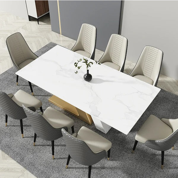 Stylish 8-seater dining table with dual legs designs and eight modern dining chairs