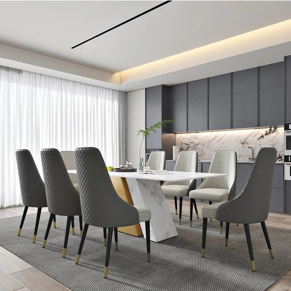 Modern 8-seater dining set  with dual-leg design; one leg features the metallic finish and other mirrors the marble texture