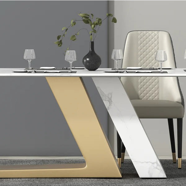 modern dining table with marble tabletop and dual-leg design