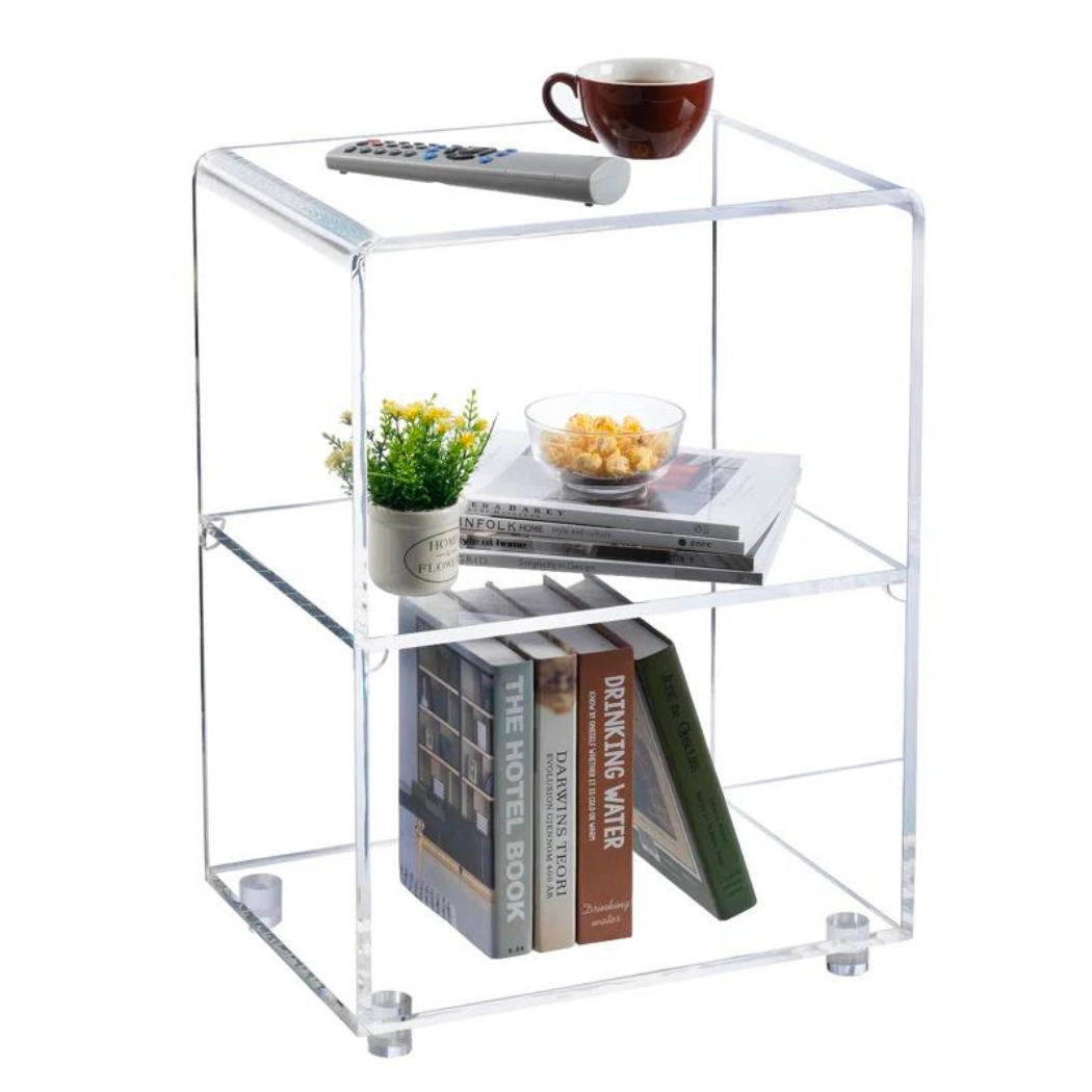 exquisite clear acrylic small end table. Featuring three tiers for books, lamps, and decorative accents
