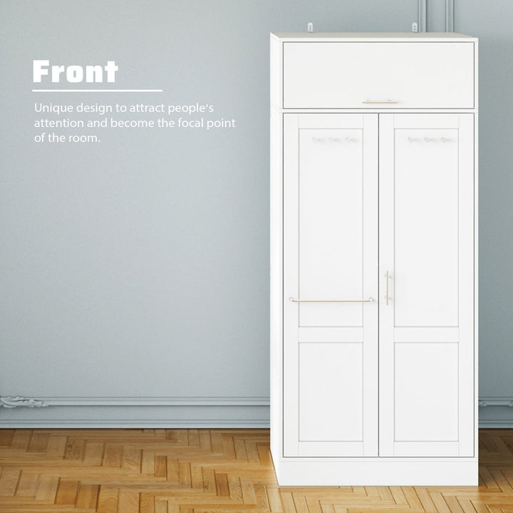 Modern white wardrobe with unique design offers two doors.
