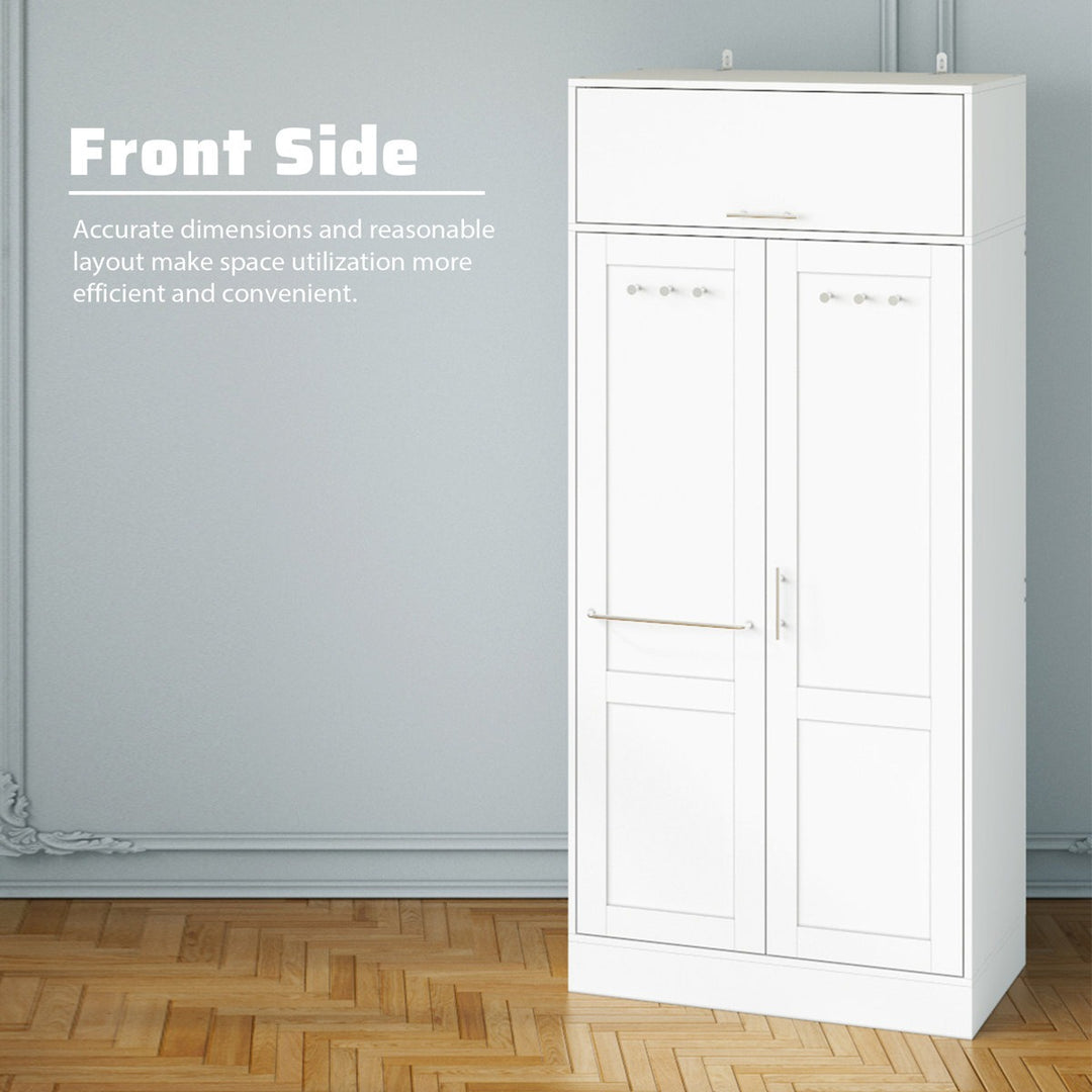 Modern white double-door wardrobe with metal handles for compact space