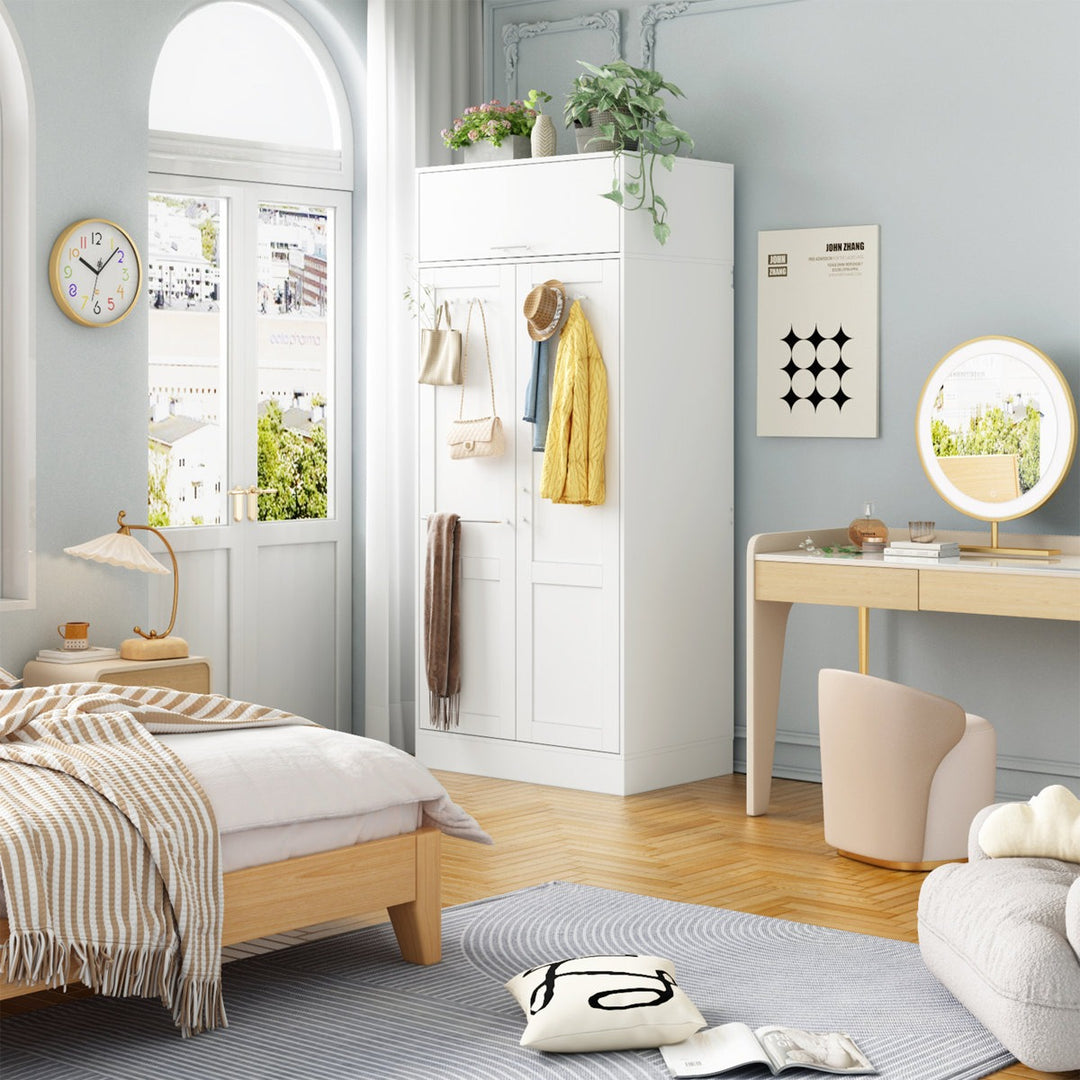 Stylish white double-door wardrobe design for modern bedroom