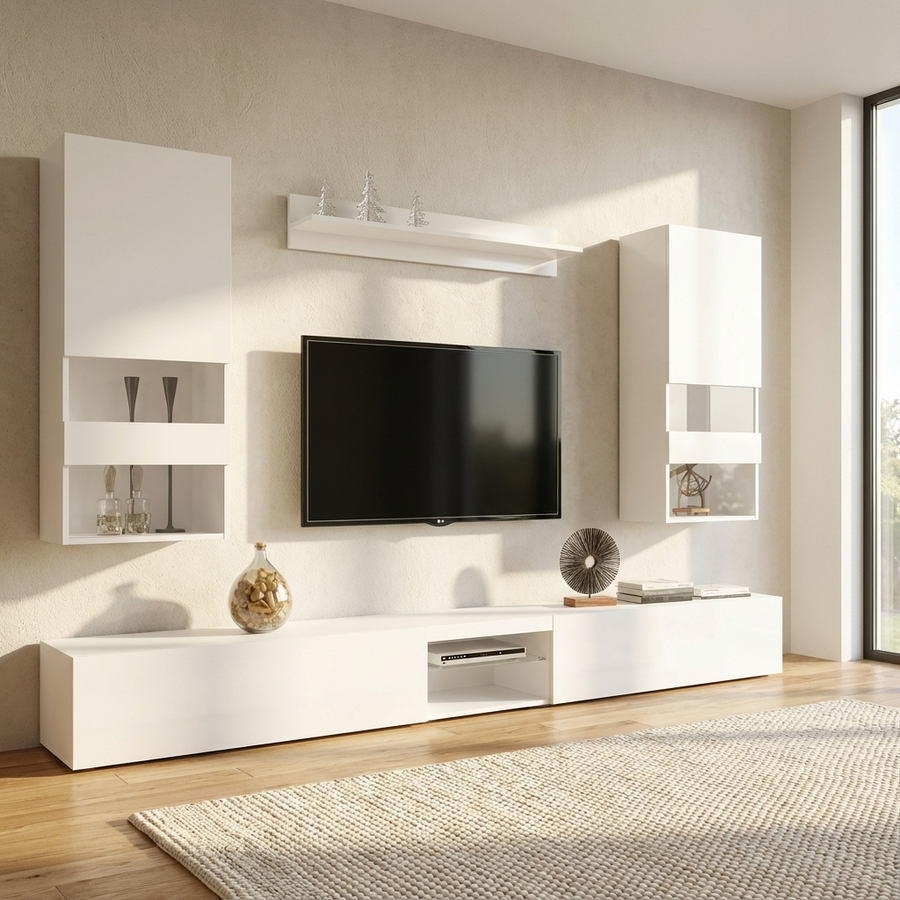 Modern living room with white entertainment console and TV