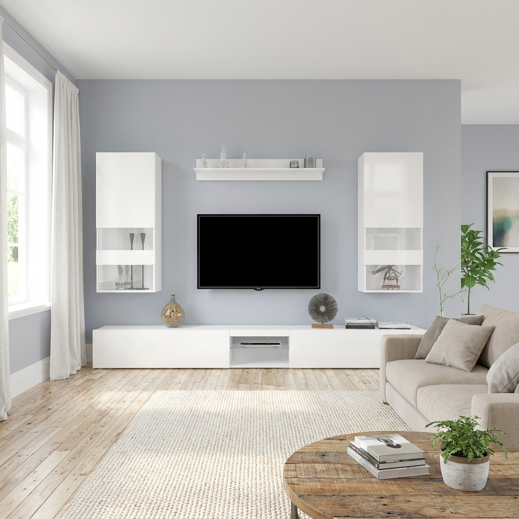 Modern living room with white entertainment console, TV, and beige sofa.