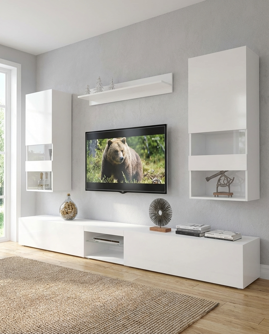 Modern living room with white wall unit, TV, and decorative items.