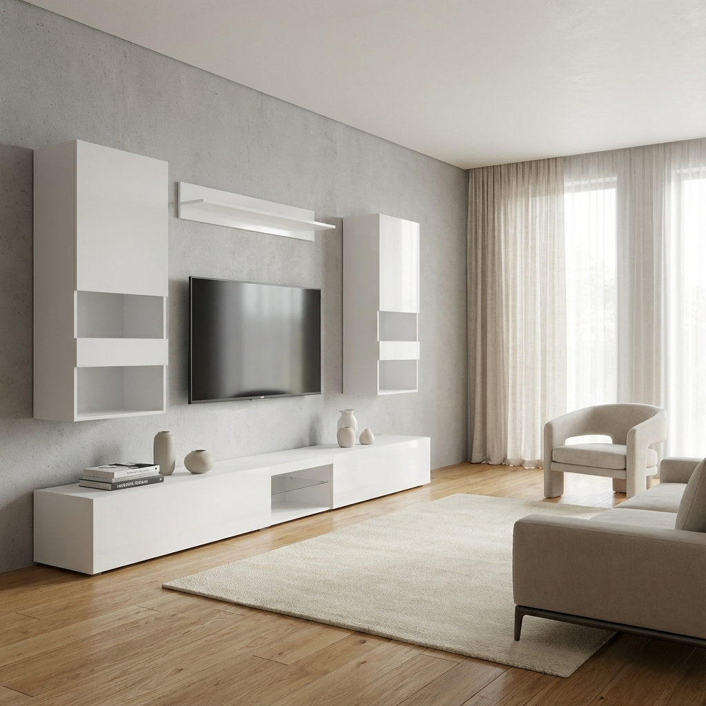 Modern living room with white wall-mounted cabinets, TV, and beige sofa.