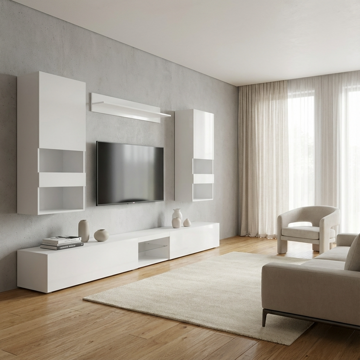 Modern living room with white wall-mounted cabinets, TV, and beige sofa.