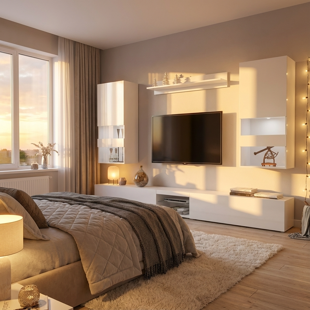 Modern bedroom with a bed, television, white TV unit set in white, and decorative elements.