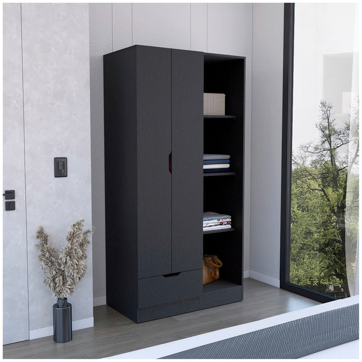 Premium black wardrobe with 4 open shelves for compact bedrooms