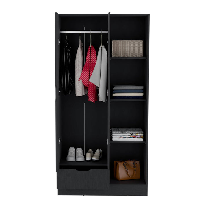 Black modular wardrobe design with clothes, shoes, and bags on a white background