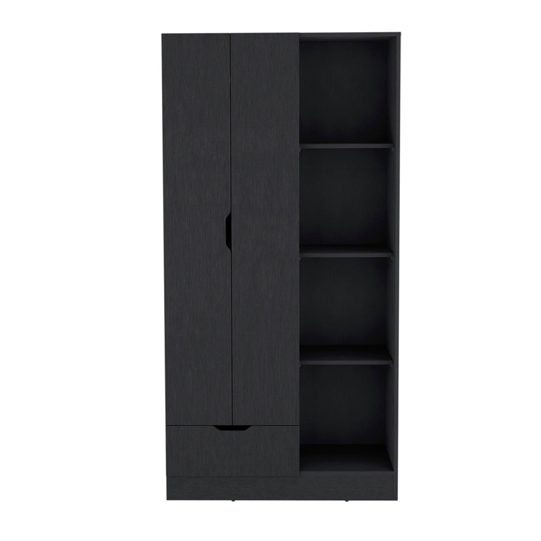 Black 2-door wardrobe design with a drawer and shelves on a white background