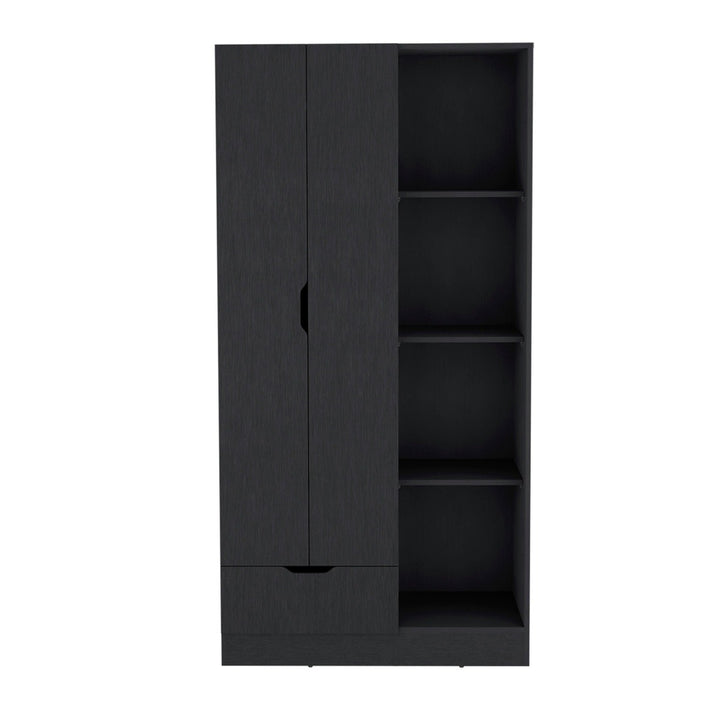 Black 2-door wardrobe design with a drawer and shelves on a white background