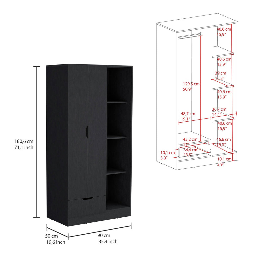Black 2-door wardrobe with dimensions labeled on a white background