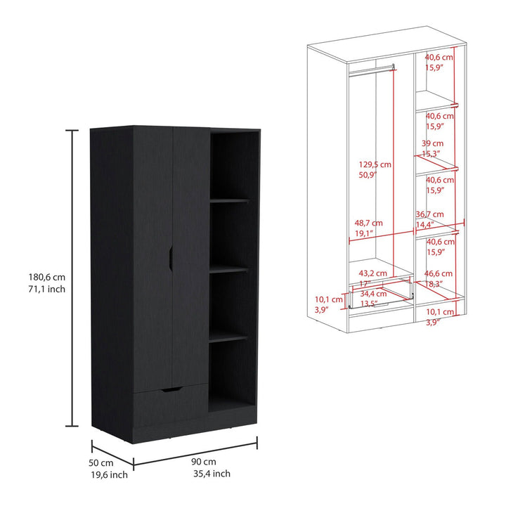 Black 2-door wardrobe with dimensions labeled on a white background