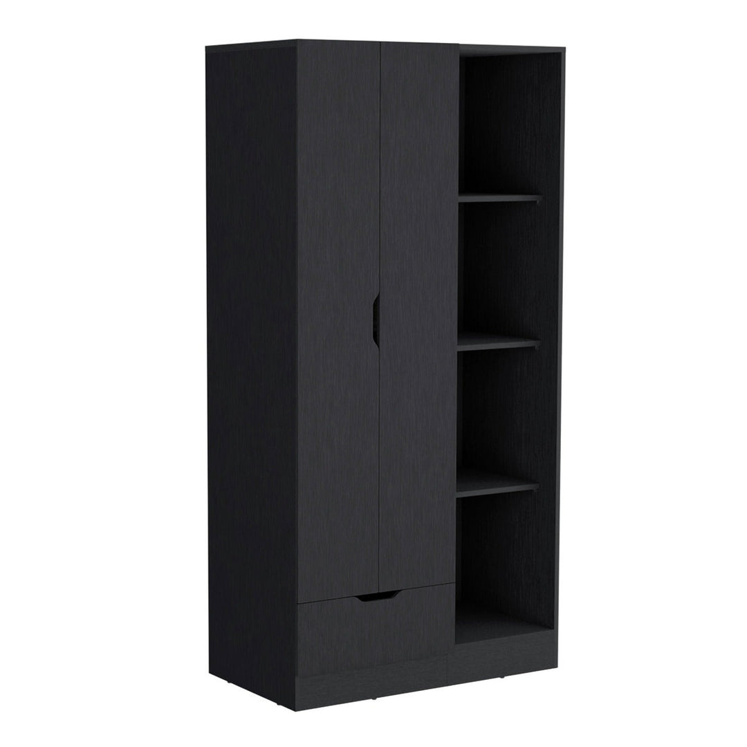 Black modular wardrobe design with two doors and a drawer on a white background