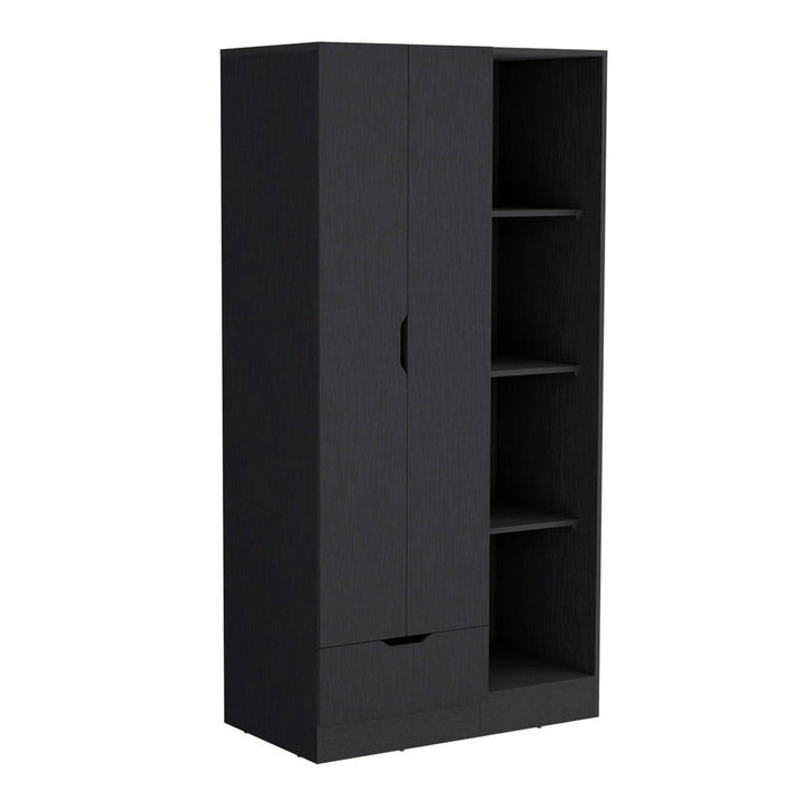 Black modular wardrobe design with two doors and a drawer on a white background