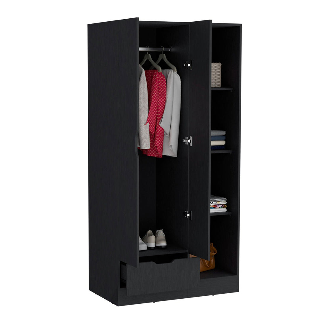 Black modular wardrobe with open doors showing clothes and shoes on a white background