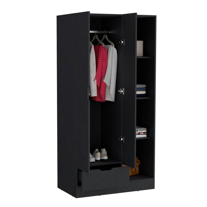 Black modular wardrobe with open doors showing clothes and shoes on a white background