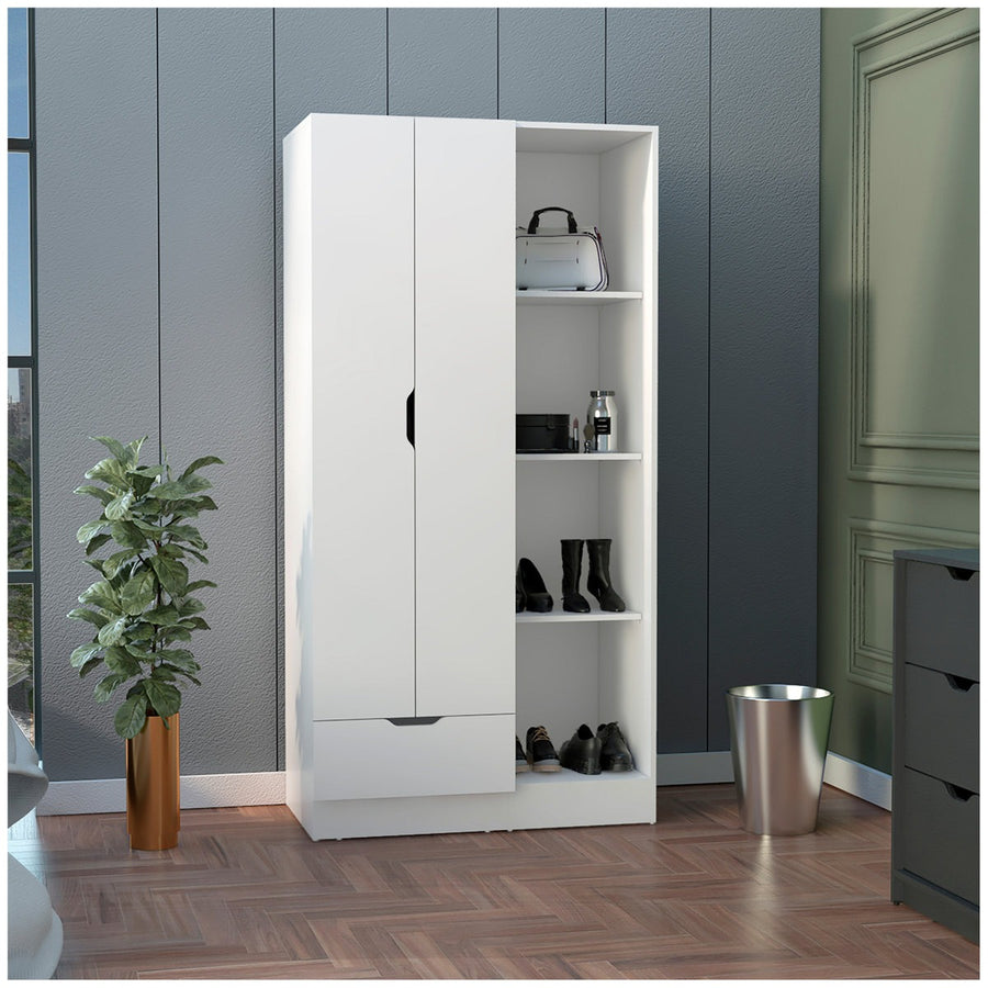 White modular wardrobe with shelves against a gray wall with a plant and trash can in the foreground.