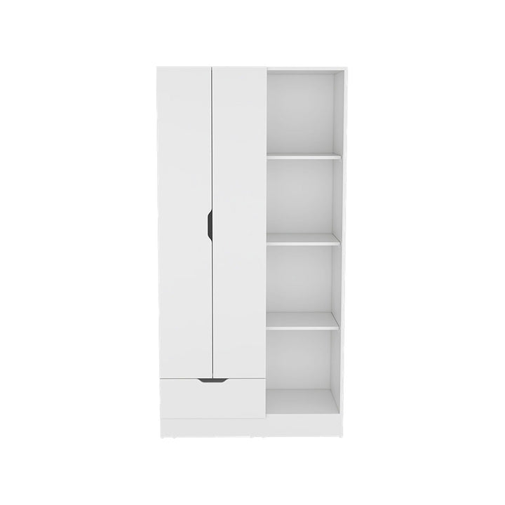 White wardrobe with a drawer and shelves on a white background