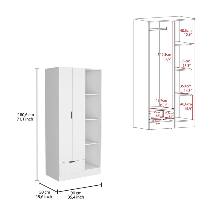 White modular wardrobe with dimensions displayed on a white background