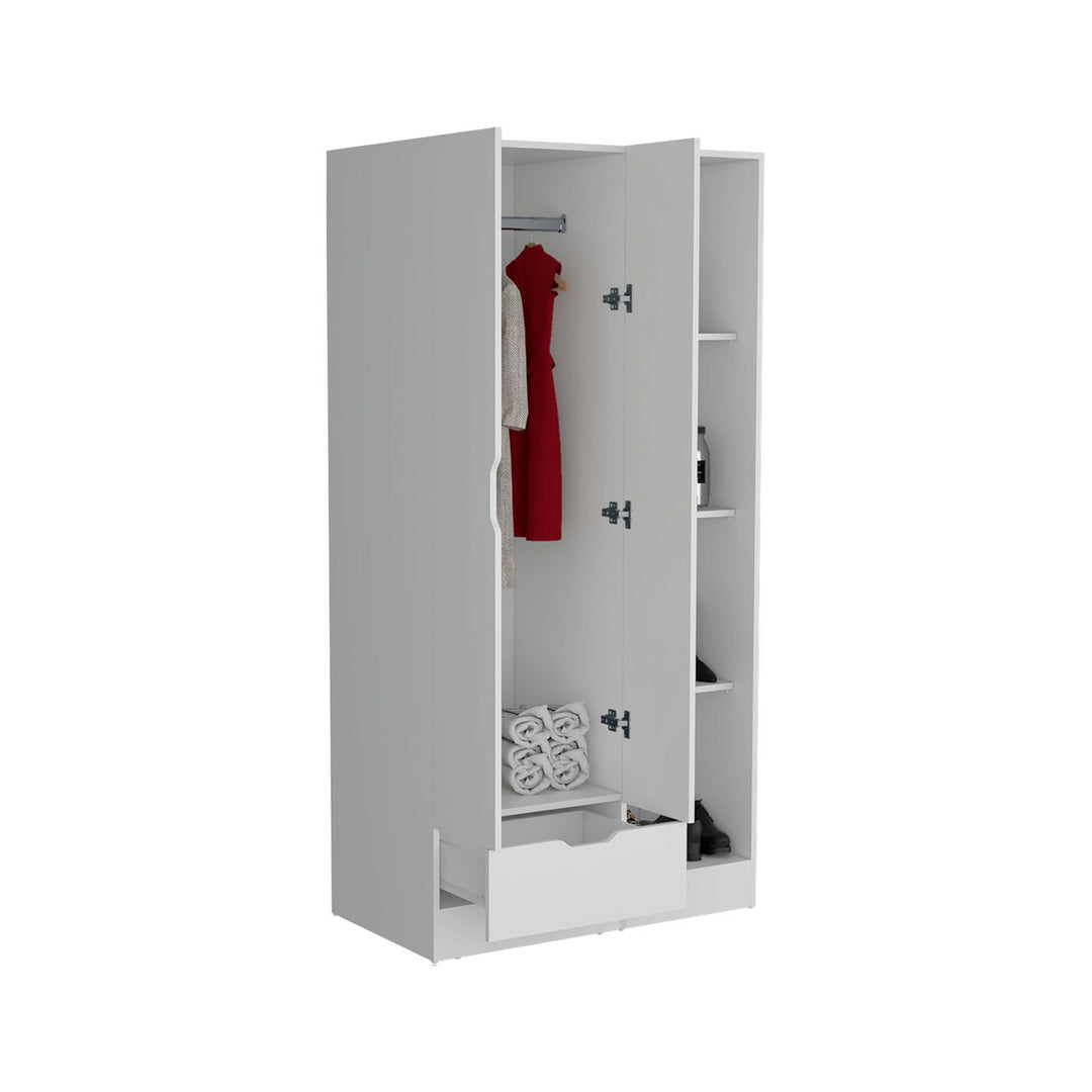 White modular wardrobe with clothes on a white background