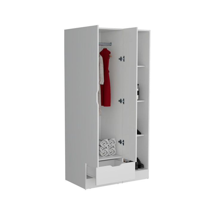 White modular wardrobe with clothes on a white background