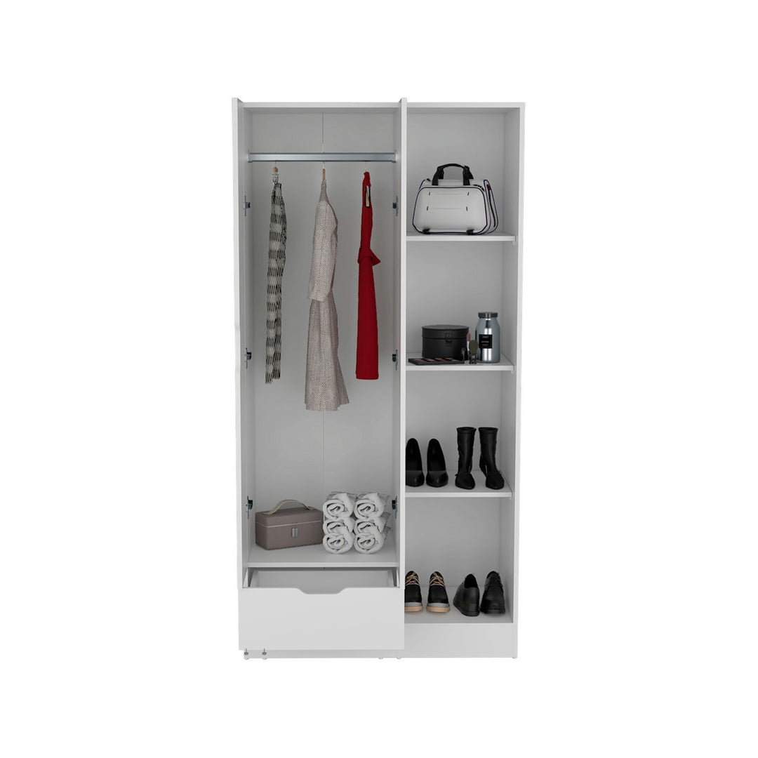 White modular wardrobe with clothes and shoes on a white background