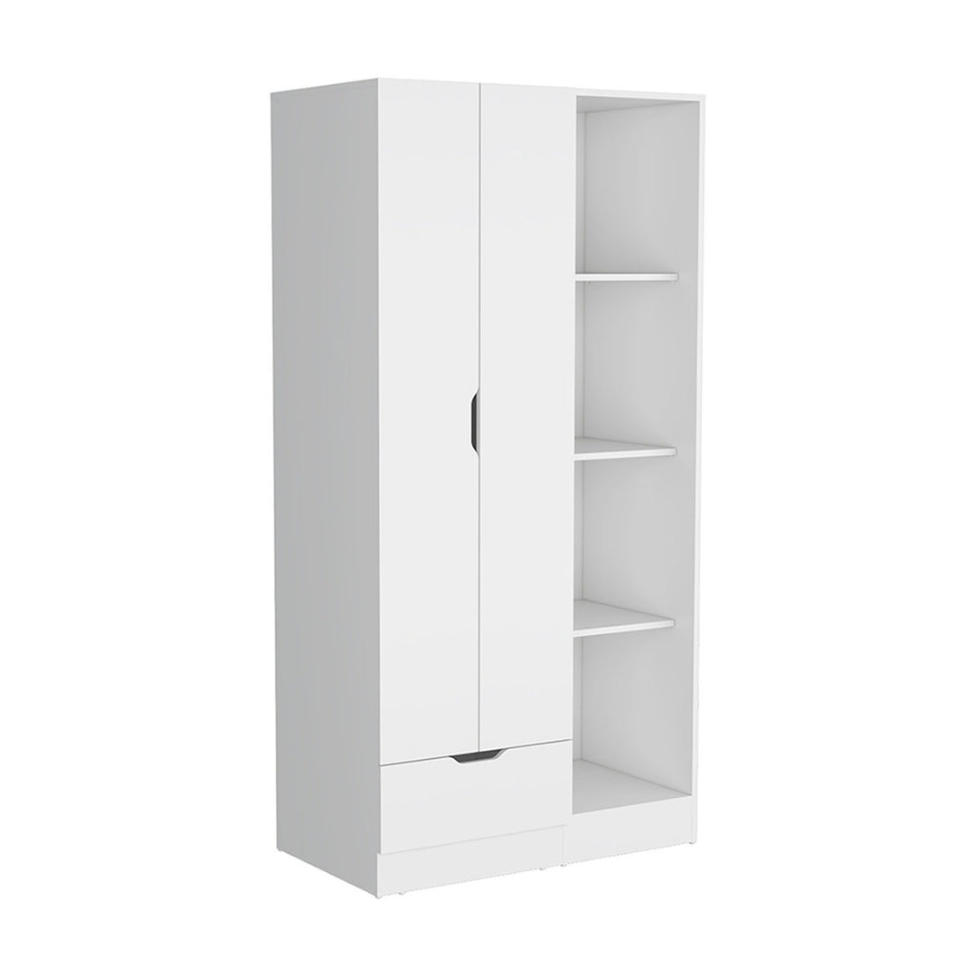 White 2-door wardrobe with a door and shelves on a white background
