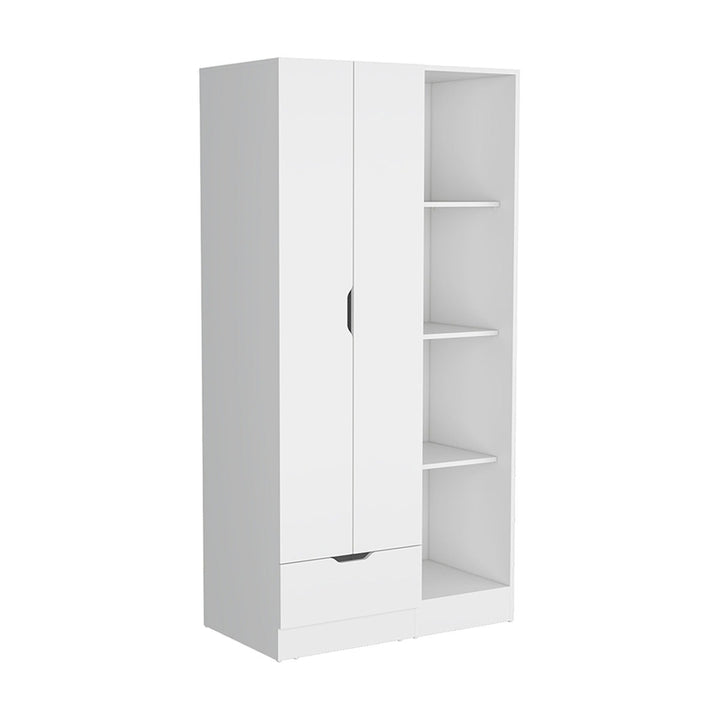 White 2-door wardrobe with a door and shelves on a white background