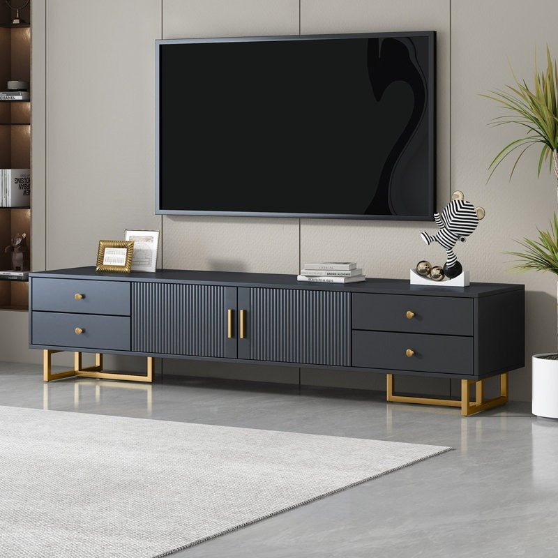black TV unit with wave-groove pattern, T-shaped metal frame