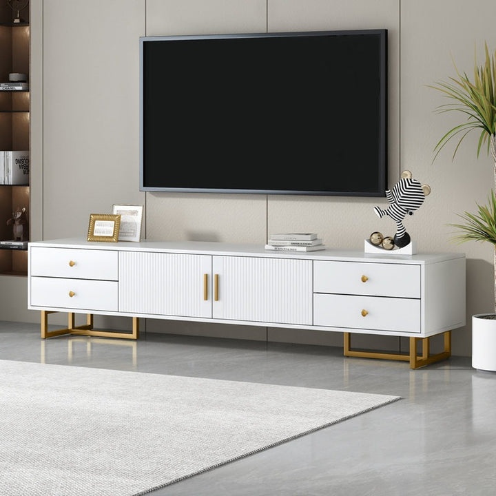white tv stand in a living room 