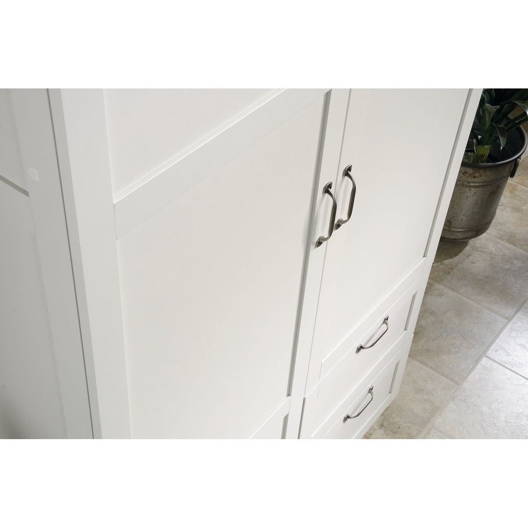 White 2-door wardrobe with silver handles on a tiled floor.