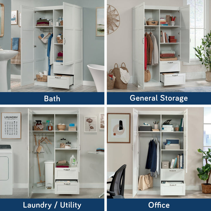 stylish white storage cabinets in various settings, including bath, general storage, laundry/utility, and office.