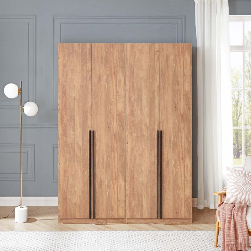 A beech wood finish 4-door wardrobe with long vertical handles.