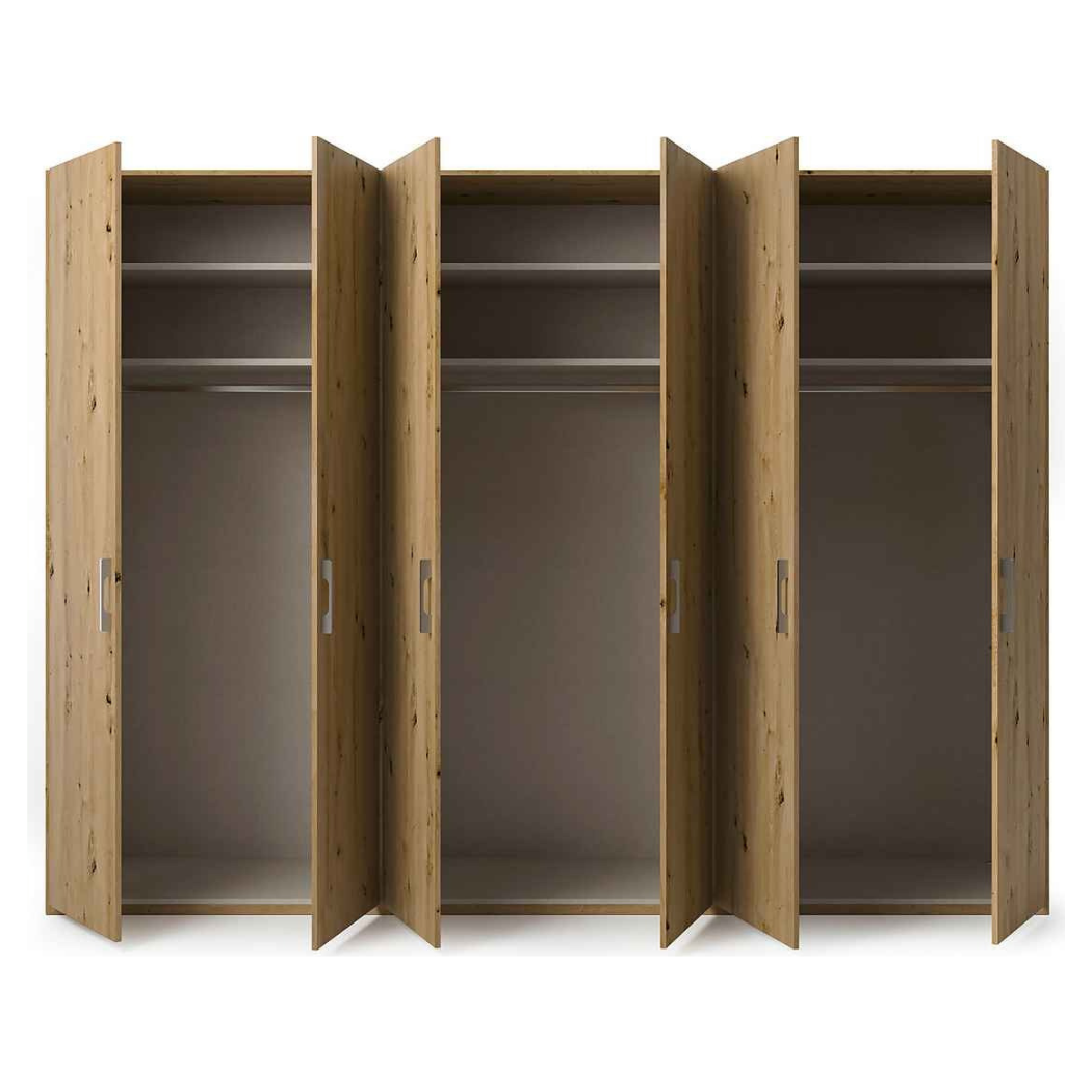 premium beech wardrobe with all 6 doors open to show inner architecture. Buy this premium wardrobe online for ample storage