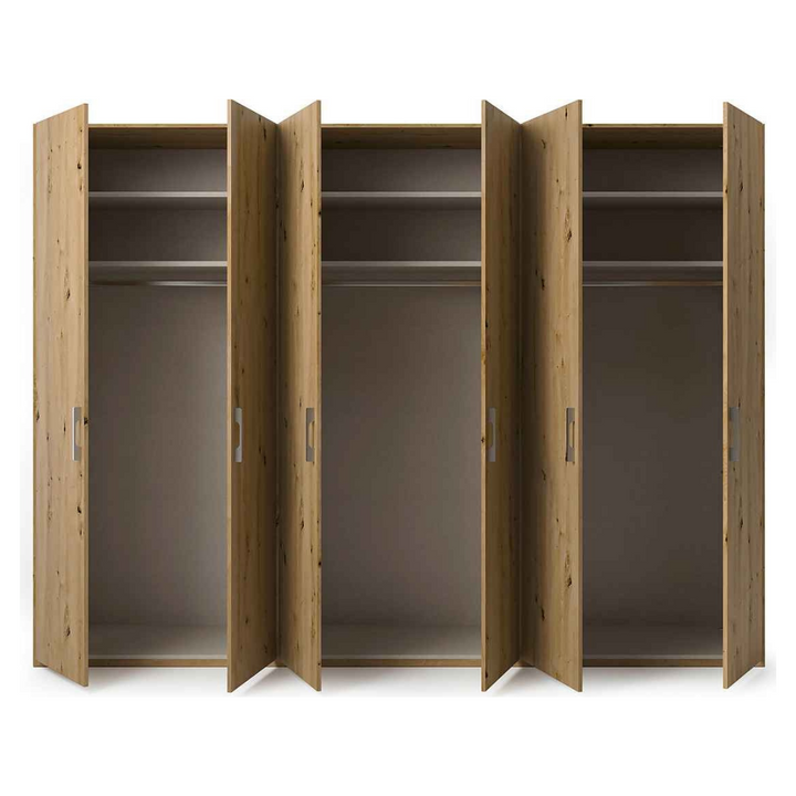 premium beech wardrobe with all 6 doors open to show inner architecture. Buy this premium wardrobe online for ample storage