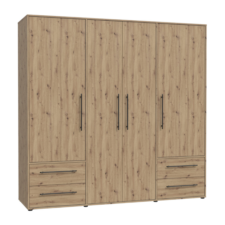 Modern 4-door wardrobe in beech finish with 8 steel handle placed on a white background