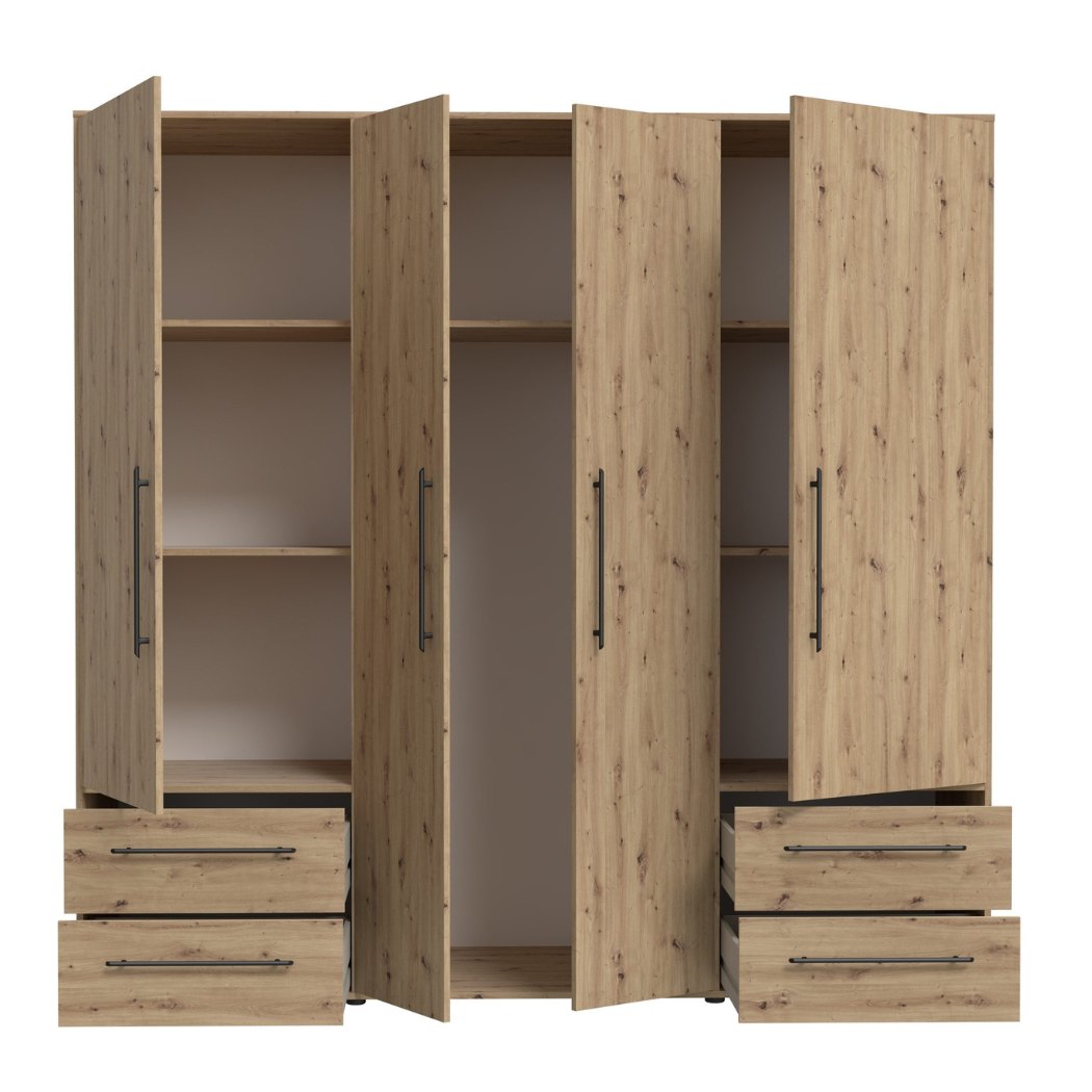 Premium wardrobe with 7 spacious storage compartments, 4 drawers and 4 shutters crafted from high-quality pre-laminated mdf boards
