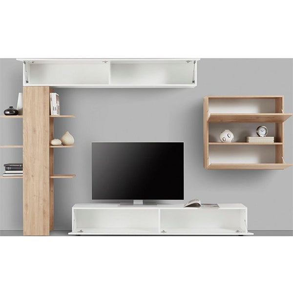 Modern beige and white tv unit set with one TV stand, 2 long wall-mounted cabinets, and one shelf