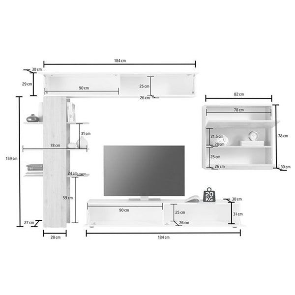 dimension of tv unit set on white background
