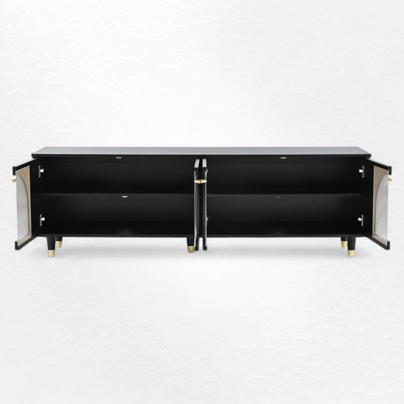 Black tv stand with open doors to show internal storage