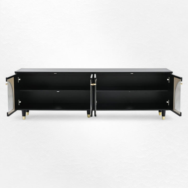 Black tv stand with open doors to show internal storage