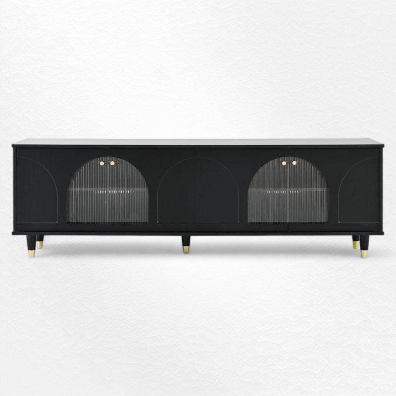 Modern black tv stand with fluted door and black-gold legs