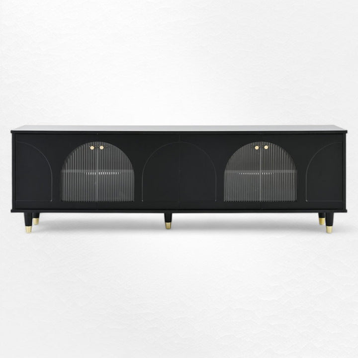 Modern black tv stand with fluted door and black-gold legs