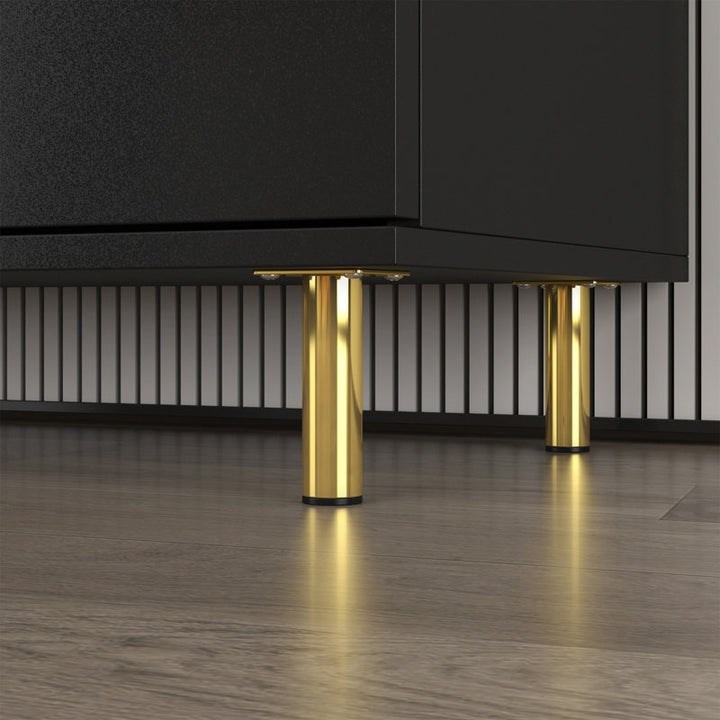 Black console with gold metal legs for elegant look.