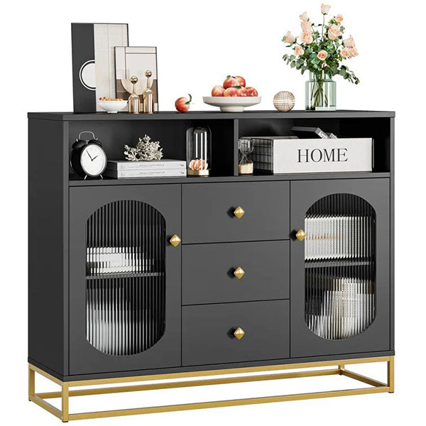 Matte black Lores sideboard with fluted textured doors and minimalist metal legs in a contemporary living space