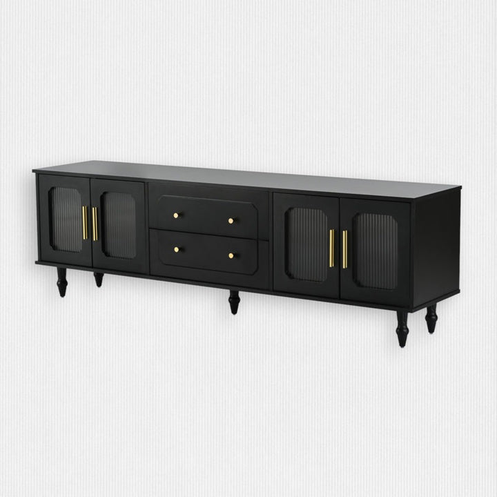 Premium black tv unit with 2 doors and 2 drawers on a white background